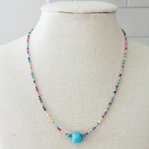 Multi-Colored Beaded Necklace with Turquoise Jade Stone